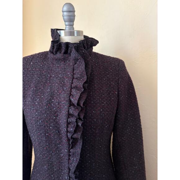 DKNY Vintage Wool Ruffle Tweed Coat Size 2 Cabernet Retro High Neck Jacket - Picture 2 of 8